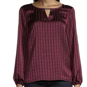 Liz Claiborne Women's 3X Burgundy Satin Plaid‎ Blouse Long Sleeve Quiet Luxury